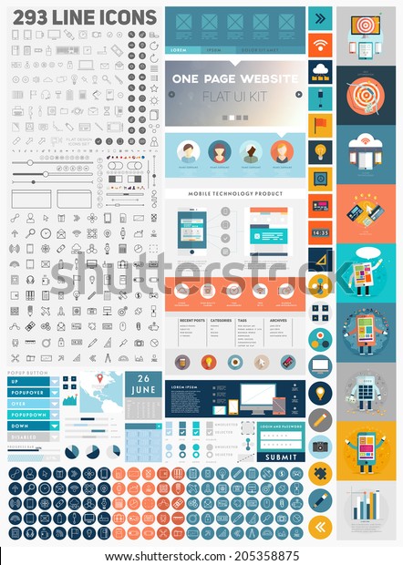 One Page Website Design Template with UI Elements\
kit and Flat Design Concept Icons. Mobile Phones and Tablet PC\
Designs. Set of Forms, Dividers, Borders and Buttons. Business\
Style. 300+ Line Icons.