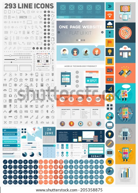 Uiエレメントキットとフラットデザインコンセプトアイコンを備えた1ページのウェブサイトデザインテンプレート 携帯電話とタブレットpcのデザイン フォーム ディバイダ ボーダー ボタンのセット ビジネススタイル 300行のアイコン のベクター画像素材