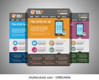 One page website flat UI design template. It include a lot of flat stlyle icons, forms, header, footeer, menu, banner and spaces for pictures and icons all in one page.