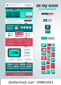 One page website flat UI design template. It include a lot of flat stlyle icons, forms, header, footeer, menu, banner and spaces for pictures and icons all in one page.