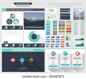 One Page Website Flat UI Design Template With Icons, Forms, Header, Option Menu, Banner, Buttons, Register And Log In Menu, Calendar Menu, Etc.