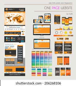 One page website flat UI UXdesign template. It include a lot of flat stlyle icons, forms, header, footeer, menu, banner and spaces for pictures and devices mockup.