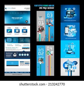 One page website flat UI design template. It include a lot of flat stlyle icons, forms, header, footeer, menu, banner and spaces for pictures and icons all in one page.