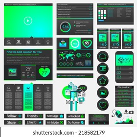One page website flat UI design template. It include a lot of flat stlyle icons, forms, header, footeer, menu, banner and spaces for pictures and icons all in one page.