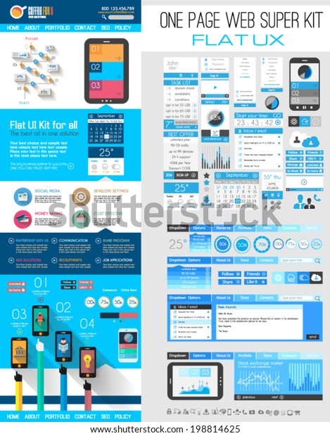 1ページのウェブサイトのフラットuiデザインテンプレート 画像やアイコンのための フラットなスタイルのアイコン フォーム ヘッダー フッター メニュー バナー スペースが1ページに多数含まれます のベクター画像素材 ロイヤリティフリー