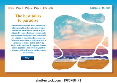 One page website related to vacation trips and tours. Vector template with text for travel and tour promotion. Illustration with sea, isand coast, sand beach, pink sunset or sunrise sky.