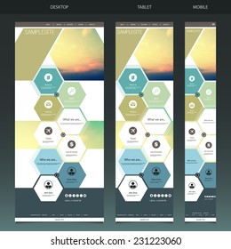 One Page Website Template with Blurred Background - Sunset Pattern Header Design - Desktop, Tablet, Mobile Version