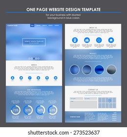 One page website template design for your business with blurred background in blue colors. Round flat icons. EPS 10