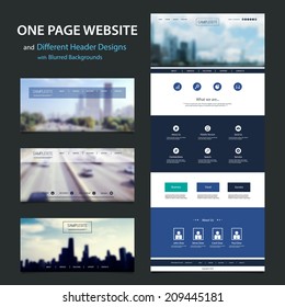 One Page Website Template and Different Header Designs with Blurred Backgrounds