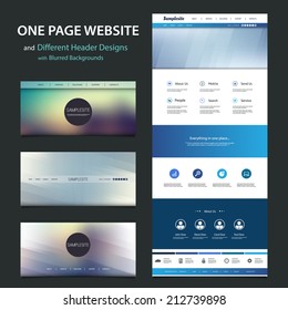 One Page Website Template and Different Header Designs with Blurred Backgrounds