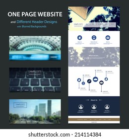 One Page Website Template and Different Header Designs with Blurred Backgrounds