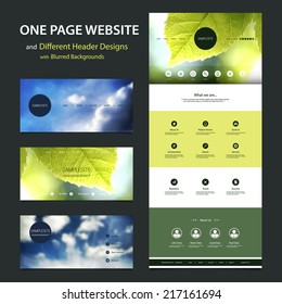 One Page Website Template and Different Header Designs with Blurred Backgrounds