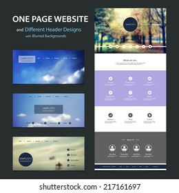 One Page Website Template and Different Header Designs with Blurred Backgrounds