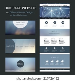 One Page Website Template and Different Header Designs with Blurred Backgrounds