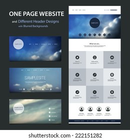 One Page Website Template and Different Header Designs with Blurred Backgrounds