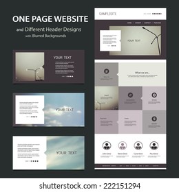 One Page Website Template and Different Header Designs with Blurred Backgrounds