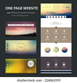 One Page Website Template and Different Header Designs with Blurred Backgrounds