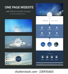 One Page Website Template and Different Header Designs with Blurred Backgrounds