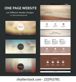 One Page Website Template and Different Header Designs with Blurred Backgrounds