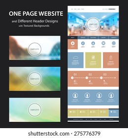 One Page Website Template and Different Header Designs with Blurred Backgrounds