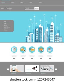 One Page Website Template with Flat illustration of Smart City Header Design