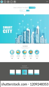 One Page Website Template with Flat illustration of Smart City Header Design