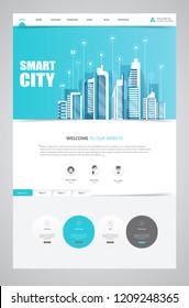 One Page Website Template with Flat illustration of Smart City Header Design