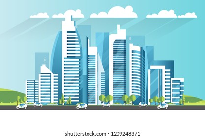 One Page Website Template with Flat illustration of Smart City Header Design