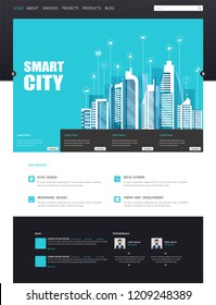 One Page Website Template with Flat illustration of Smart City Header Design