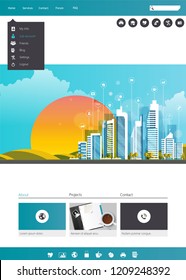 One Page Website Template with Flat illustration of Smart City Header Design