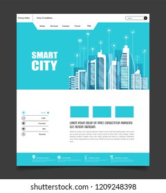 One Page Website Template with Flat illustration of Smart City Header Design