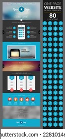 One page website template with icon set. With blur background and mobile phone