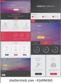 One Page Website Template with purple, grey & red flat design, for desktop and mobile landing pages