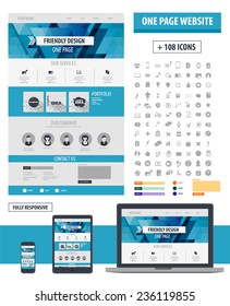 One page website template. Responsive design computer, tablet, phone. Ui concept design. 
