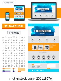 One page website template. Responsive design computer, tablet, phone. Ui concept design. 