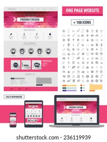 One page website template. Responsive design computer, tablet, phone. Ui concept design. 
