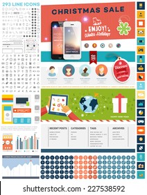 One Page Website Template with UI Elements kit and Flat Design Concept Icons. Mobile Phones and Christmas Decorations. Set of Forms, Dividers, Borders and Buttons. Business Style. 300+ Line Icons