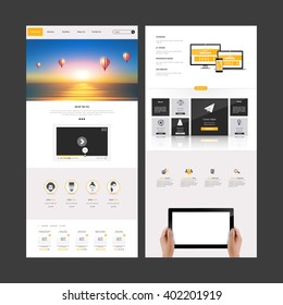 One Page Website Template Vector Eps10, Modern Web Design with flat UI elements and sunset on beach illustration. Ideal for Business layout. 