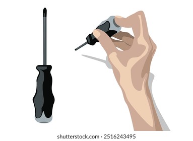 One pair of cross head screwdriver and a hand holding screwdriver isolated on white background.
