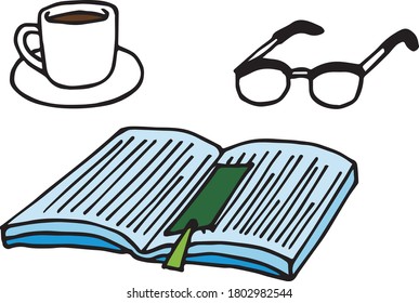 un par de gafas y una taza de café, un libro