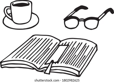 one pair of glasses and one coffee cup, one book