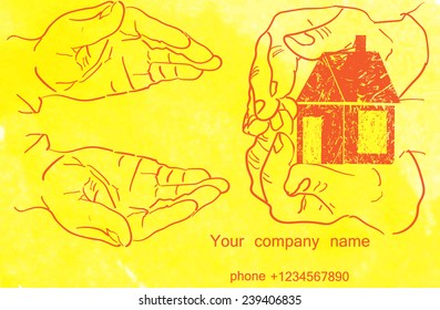 one pair of hands carefully transfers to another toy house. background painted with watercolors.purchase, sale or property insurance. metaphor.the original layout of a business card