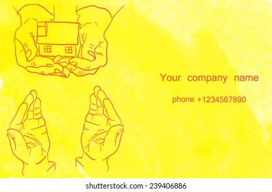 one pair of hands carefully transfers to another toy house. background painted with watercolors.purchase, sale or property insurance. metaphor.the original layout of a business card