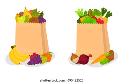 One paper bag with vegetables second with fruits color illustration for web and mobile design