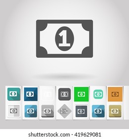 One paper coin icons. Currency square buttons set