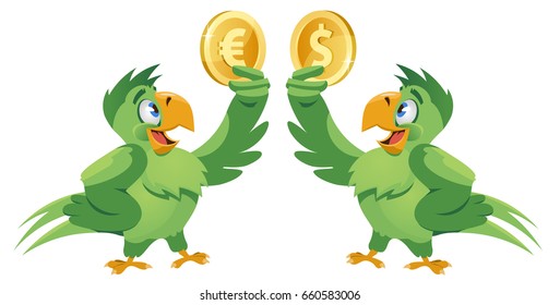 One parrot holding dollar symbol and another parrot holding euro symbol . Cartoon styled vector illustration. Elements is grouped. Isolated on white.