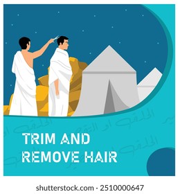 Uma parte da peregrinação do Hajj é Tahallul ou cortar cabelo. Os peregrinos do Hajj cortam o cabelo para completar a peregrinação. Conceito islâmico do Hajj. Ilustração de vetor plano.