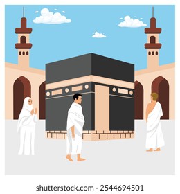 One part of the Hajj pilgrimage is tawaf. Pilgrims walk around the Kaaba seven times. Islamic Hajj Pilgrimage concept. Flat vector illustration.