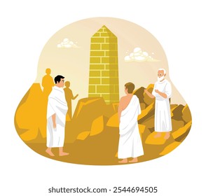 Una parte de la peregrinación del Hajj es wukuf. Los peregrinos del Hayy rezan o permanecen en silencio en Arafat. Concepto de peregrinación islámica Hajj. Ilustración vectorial plana.