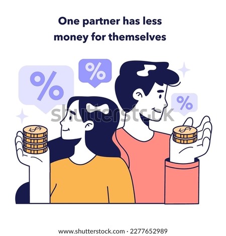 One partner has less money for themselves. Mixed family budget disadvantage. Partners earnings and expenses accounting. Financial efficiency and budgeting of modern couple. Flat vector illustration